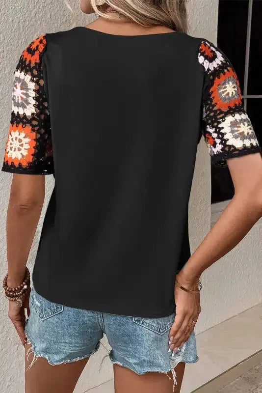 Black Floral Crochet Short Sleeve Top - Fashionfitz