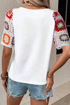 White Floral Crochet Short Sleeve Top - Fashionfitz