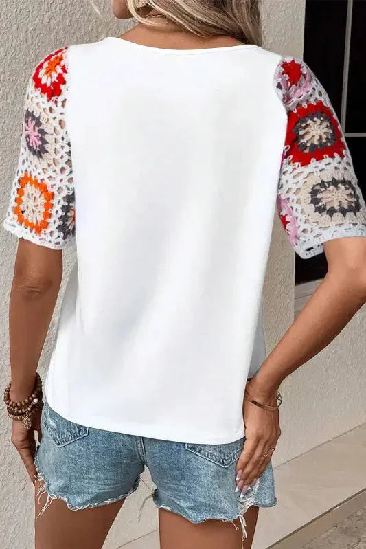 White Floral Crochet Short Sleeve Top - Fashionfitz