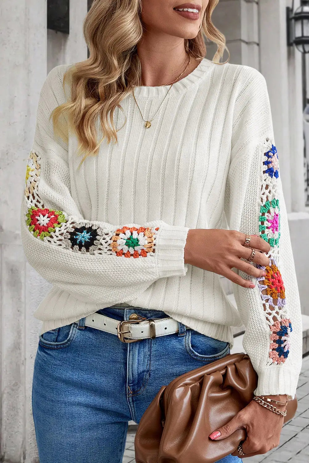 White floral crochet sleeve ribbed knit sweater - l / 55% acrylic + 45% cotton - sweaters & cardigans