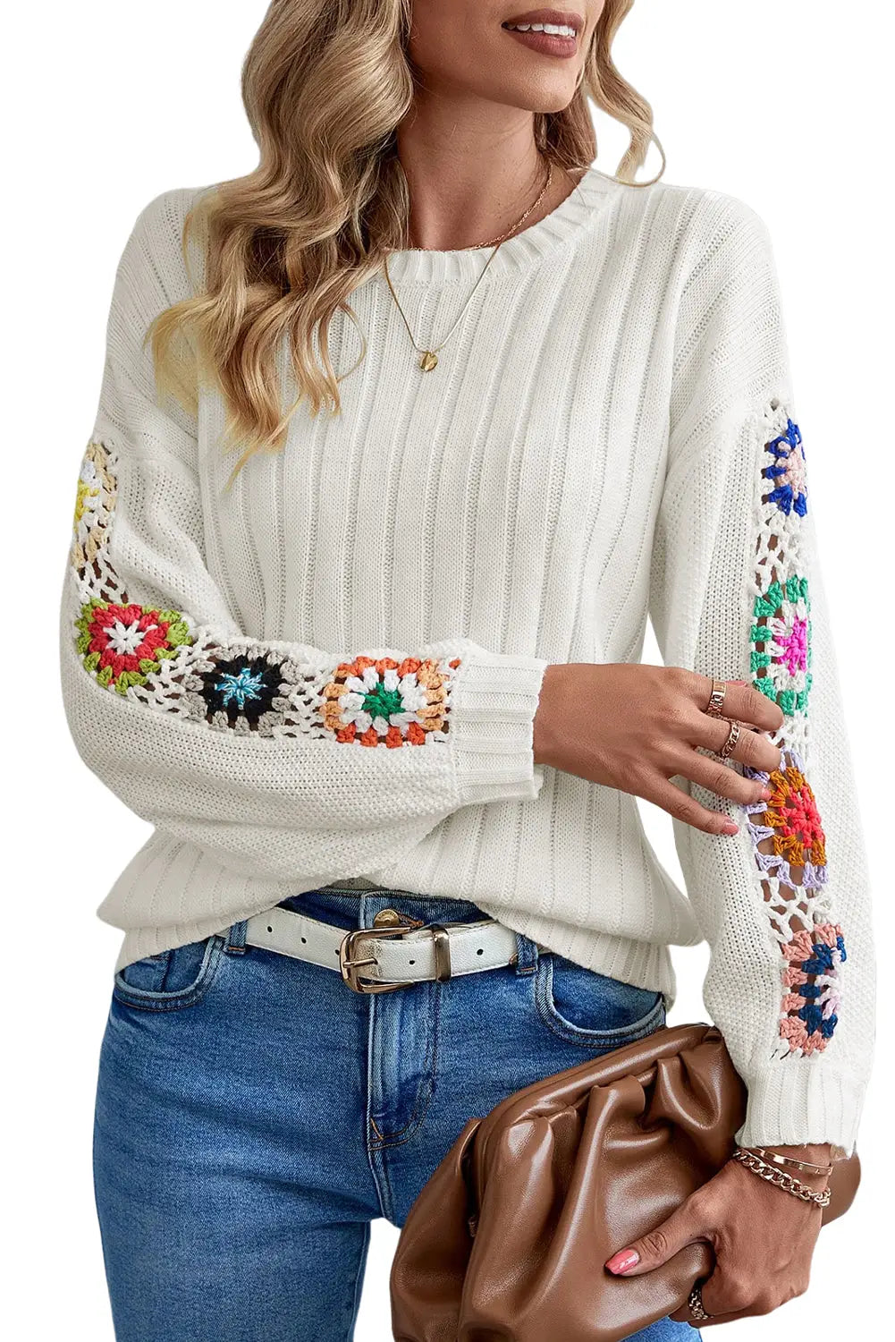 White floral crochet sleeve ribbed knit sweater - sweaters & cardigans