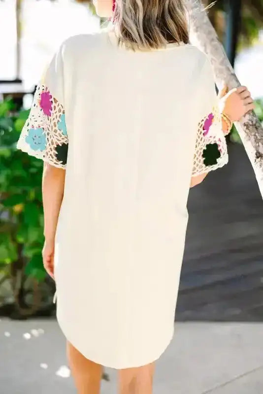 White floral crochet T-shirt mini dress back view — Fashionfitz UK