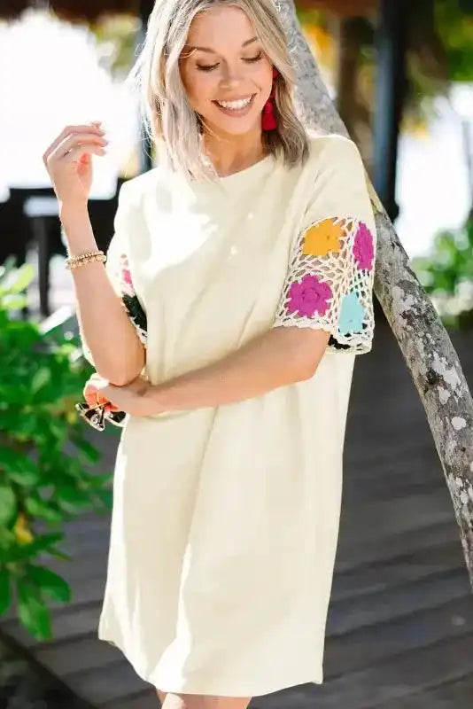 White Floral Crochet T-Shirt Dress - Fashionfitz
