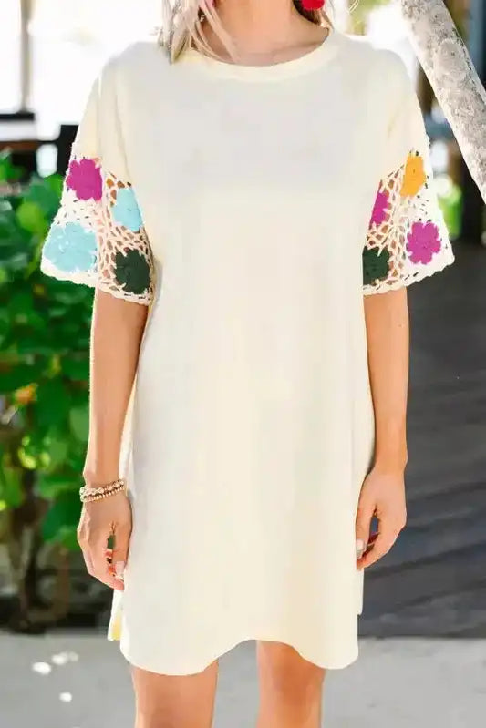 White Floral Crochet T-Shirt Dress - Fashionfitz