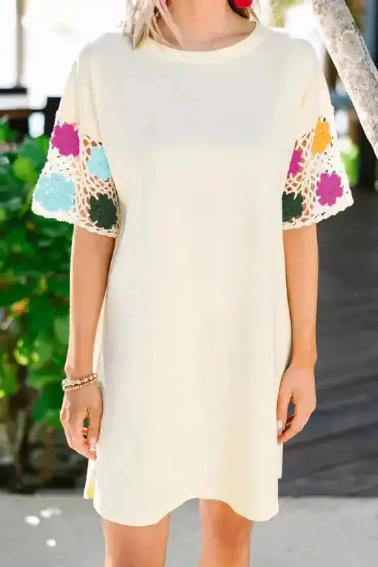 White floral crochet T-shirt summer mini dress front view — Fashionfitz UK