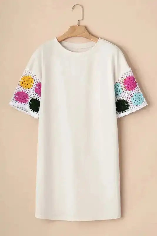 White Floral Crochet T-Shirt Dress - Fashionfitz