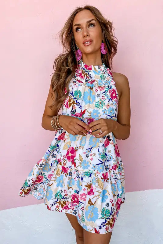 White floral dress - frill mock neck sleeveless tiered - dresses