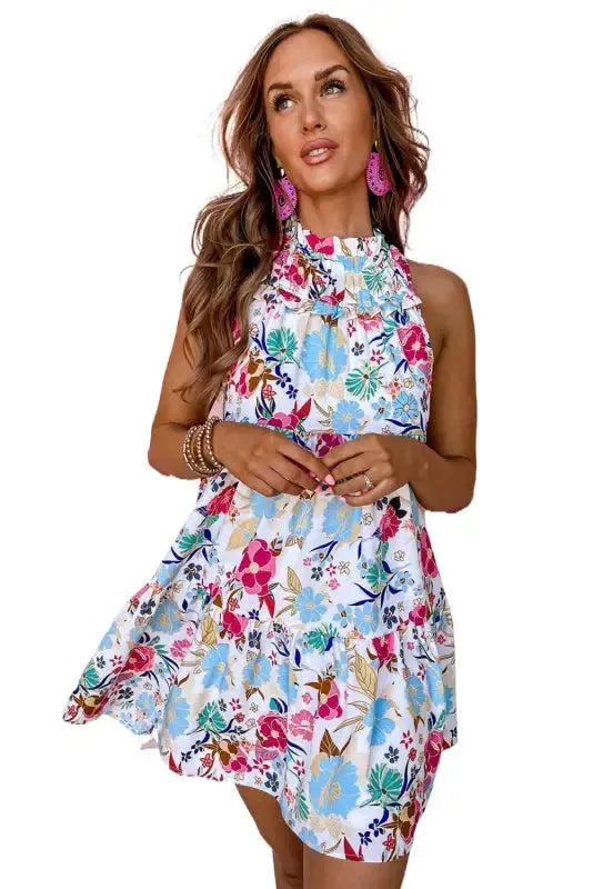 White Floral Dress - Frill Mock Neck Sleeveless Tiered - Fashionfitz