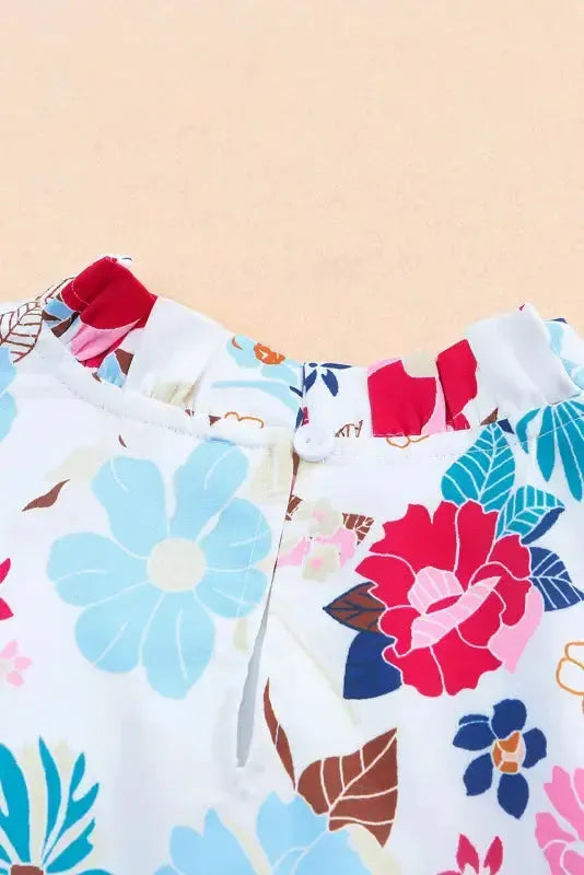 White Floral Dress - Frill Mock Neck Sleeveless Tiered - Fashionfitz