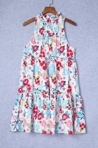 White Floral Dress - Frill Mock Neck Sleeveless Tiered - Fashionfitz