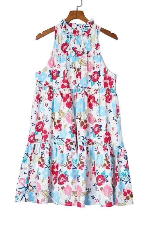 White Floral Dress - Frill Mock Neck Sleeveless Tiered - Fashionfitz