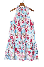 White Floral Dress - Frill Mock Neck Sleeveless Tiered - Fashionfitz