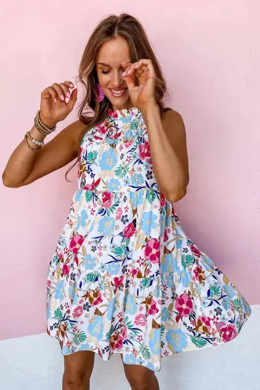 White Floral Dress - Frill Mock Neck Sleeveless Tiered - Fashionfitz