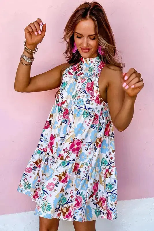 White Floral Dress - Frill Mock Neck Sleeveless Tiered - Fashionfitz