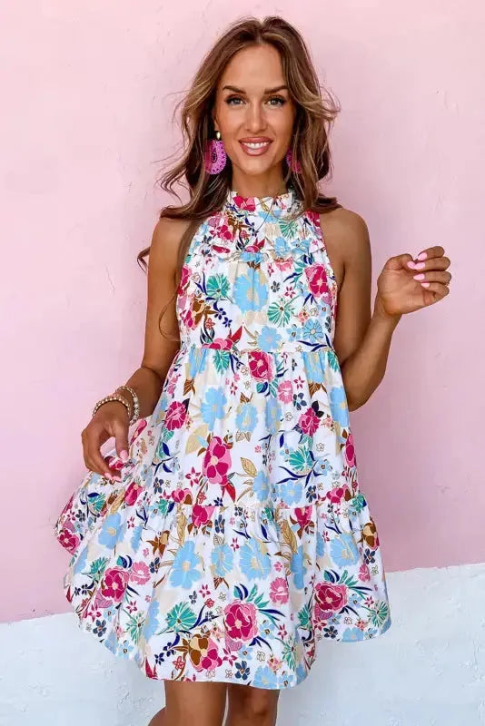 White Floral Dress - Frill Mock Neck Sleeveless Tiered - Fashionfitz
