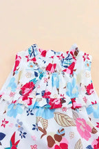 White Floral Dress - Frill Mock Neck Sleeveless Tiered - Fashionfitz