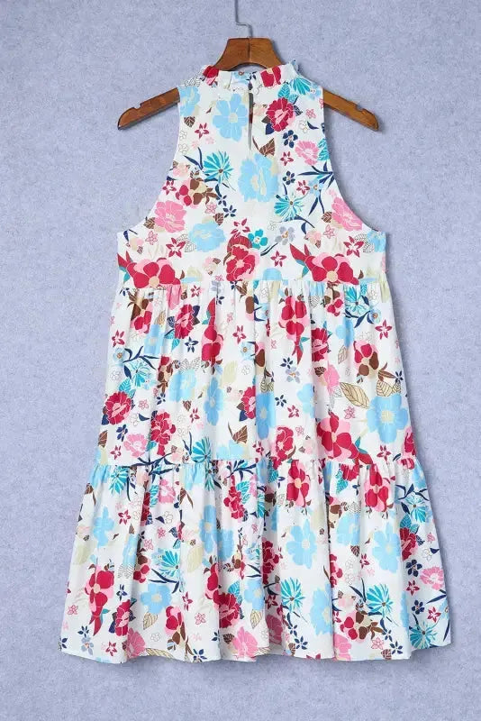 White Floral Dress - Frill Mock Neck Sleeveless Tiered - Fashionfitz