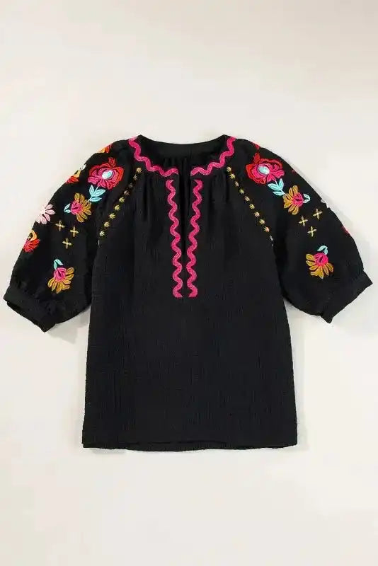 White Floral Embroidered Blouse - Ricrac Puff Sleeve Textured - Fashionfitz