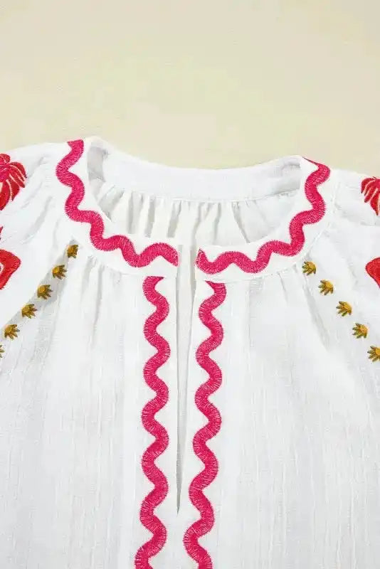 White Floral Embroidered Blouse - Ricrac Puff Sleeve Textured - Fashionfitz