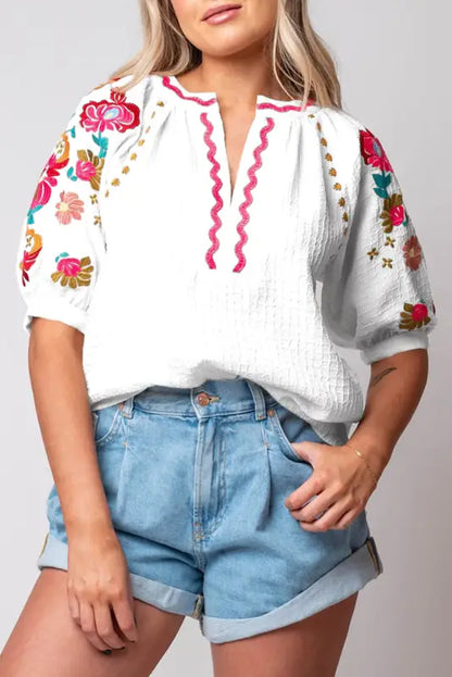 White floral embroidered blouse - ricrac puff sleeve textured - s / 100% polyester - tops/blouses & shirts