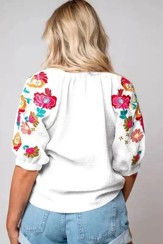 White Floral Embroidered Blouse - Ricrac Puff Sleeve Textured - Fashionfitz