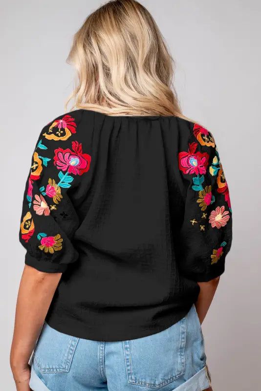 White floral embroidered blouse - ricrac puff sleeve textured - tops/blouses & shirts