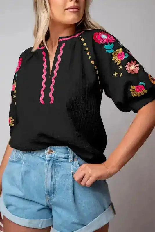 White Floral Embroidered Blouse - Ricrac Puff Sleeve Textured - Fashionfitz