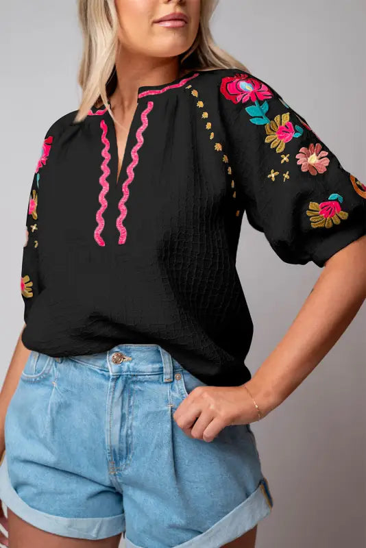 White floral embroidered blouse - ricrac puff sleeve textured - tops/blouses & shirts