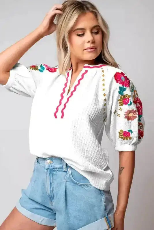 White Floral Embroidered Blouse - Ricrac Puff Sleeve Textured - Fashionfitz