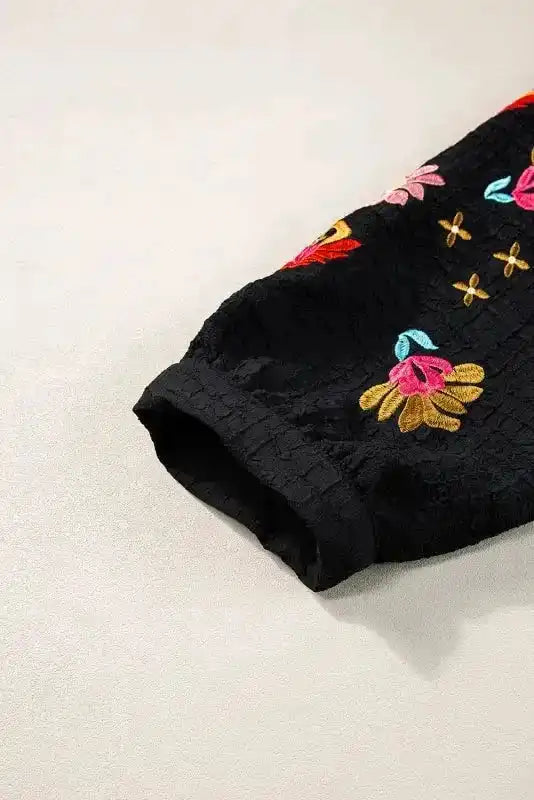 White Floral Embroidered Blouse - Ricrac Puff Sleeve Textured - Fashionfitz