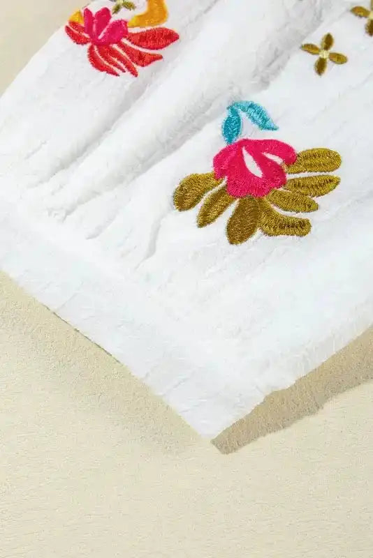 White Floral Embroidered Blouse - Ricrac Puff Sleeve Textured - Fashionfitz