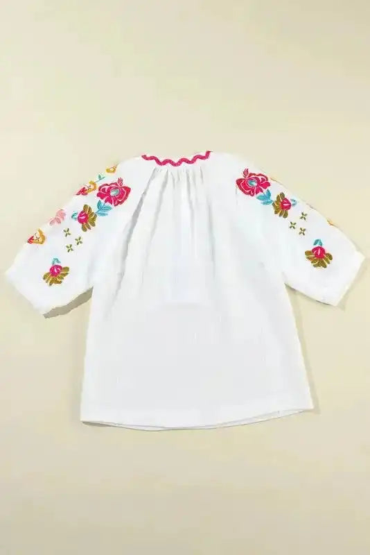 White Floral Embroidered Blouse - Ricrac Puff Sleeve Textured - Fashionfitz