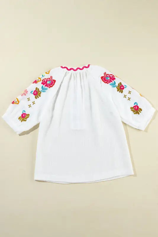 White floral embroidered blouse - ricrac puff sleeve textured - tops/blouses & shirts