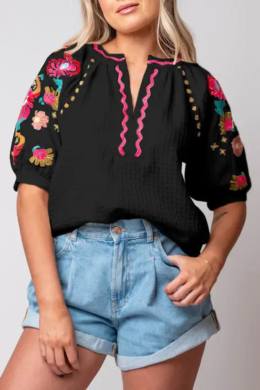 White floral embroidered blouse - ricrac puff sleeve textured - black / s / 100% polyester - tops/blouses & shirts