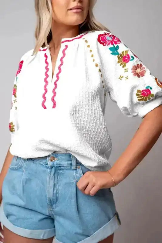 White Floral Embroidered Blouse - Ricrac Puff Sleeve Textured - Fashionfitz
