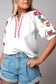 White floral embroidered blouse - ricrac puff sleeve textured - tops/blouses & shirts