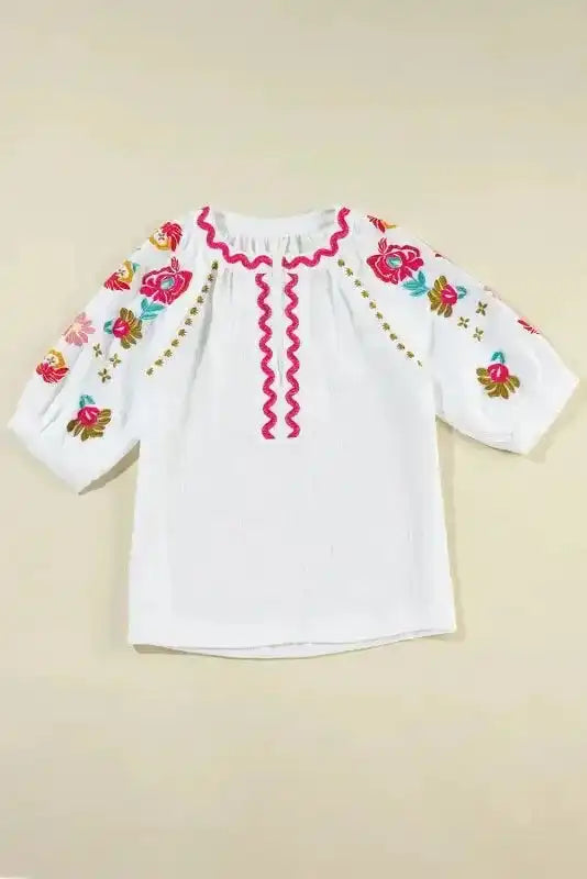 White Floral Embroidered Blouse - Ricrac Puff Sleeve Textured - Fashionfitz