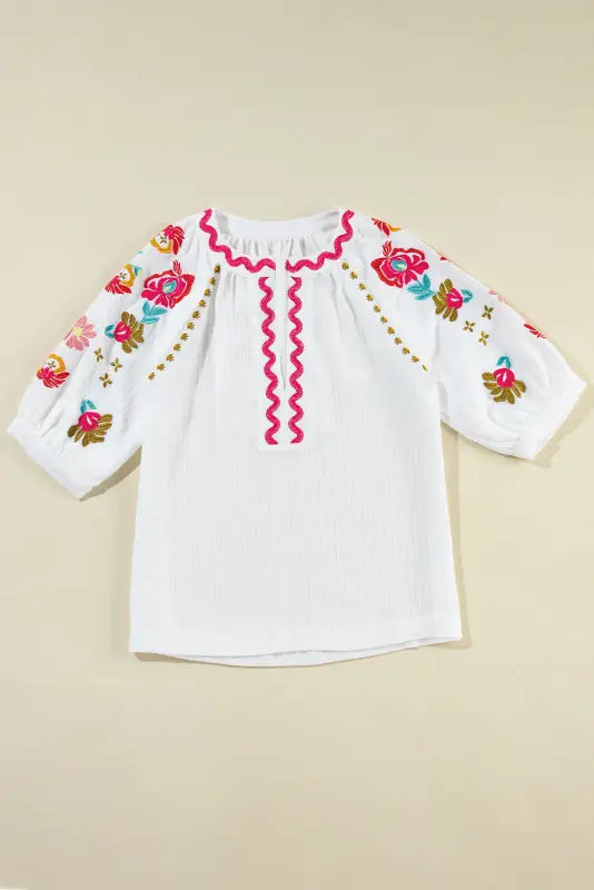 White floral embroidered blouse - ricrac puff sleeve textured - tops/blouses & shirts