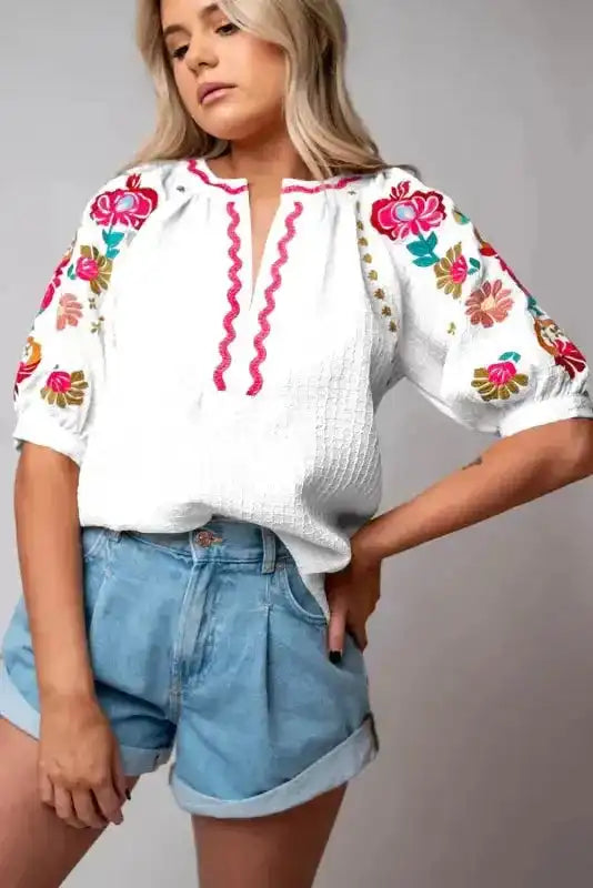 White Floral Embroidered Blouse - Ricrac Puff Sleeve Textured - Fashionfitz