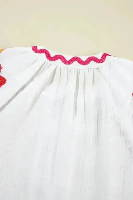 White Floral Embroidered Blouse - Ricrac Puff Sleeve Textured - Fashionfitz