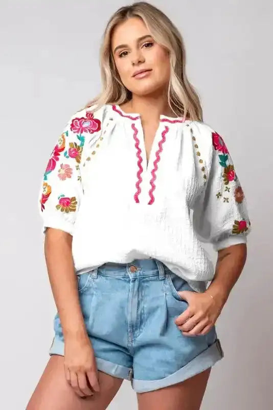 White Floral Embroidered Blouse - Ricrac Puff Sleeve Textured - Fashionfitz
