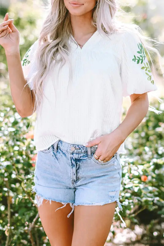 White floral embroidered puff sleeve notched neck blouse - tops