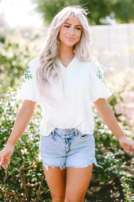 White floral embroidered puff sleeve notched neck blouse - tops