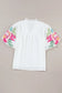 White floral embroidered puff sleeve notched neck blouse - tops