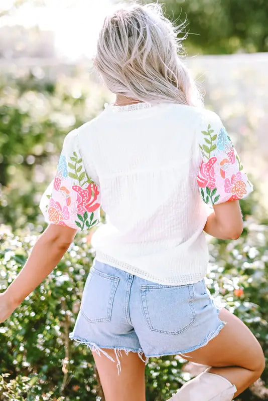 White floral embroidered puff sleeve notched neck blouse - tops