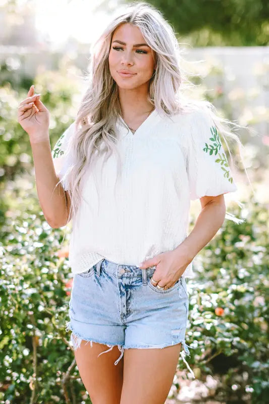 White floral embroidered puff sleeve notched neck blouse - s / 100% polyester - tops