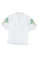 White floral embroidered puff sleeve notched neck blouse - tops