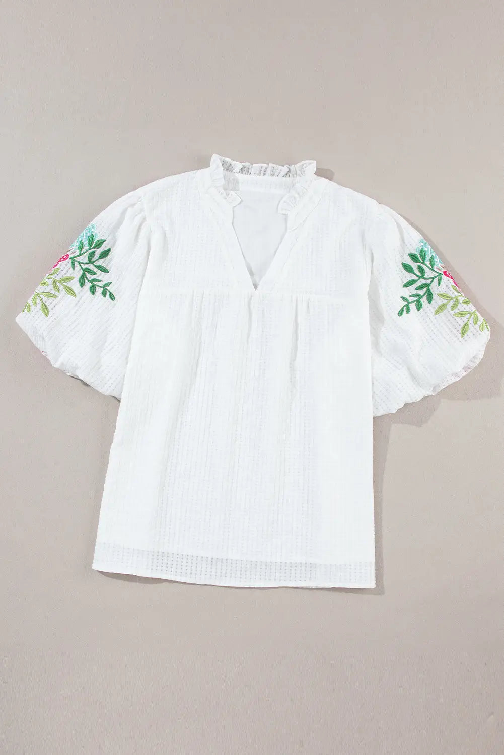 White floral embroidered puff sleeve notched neck blouse - tops