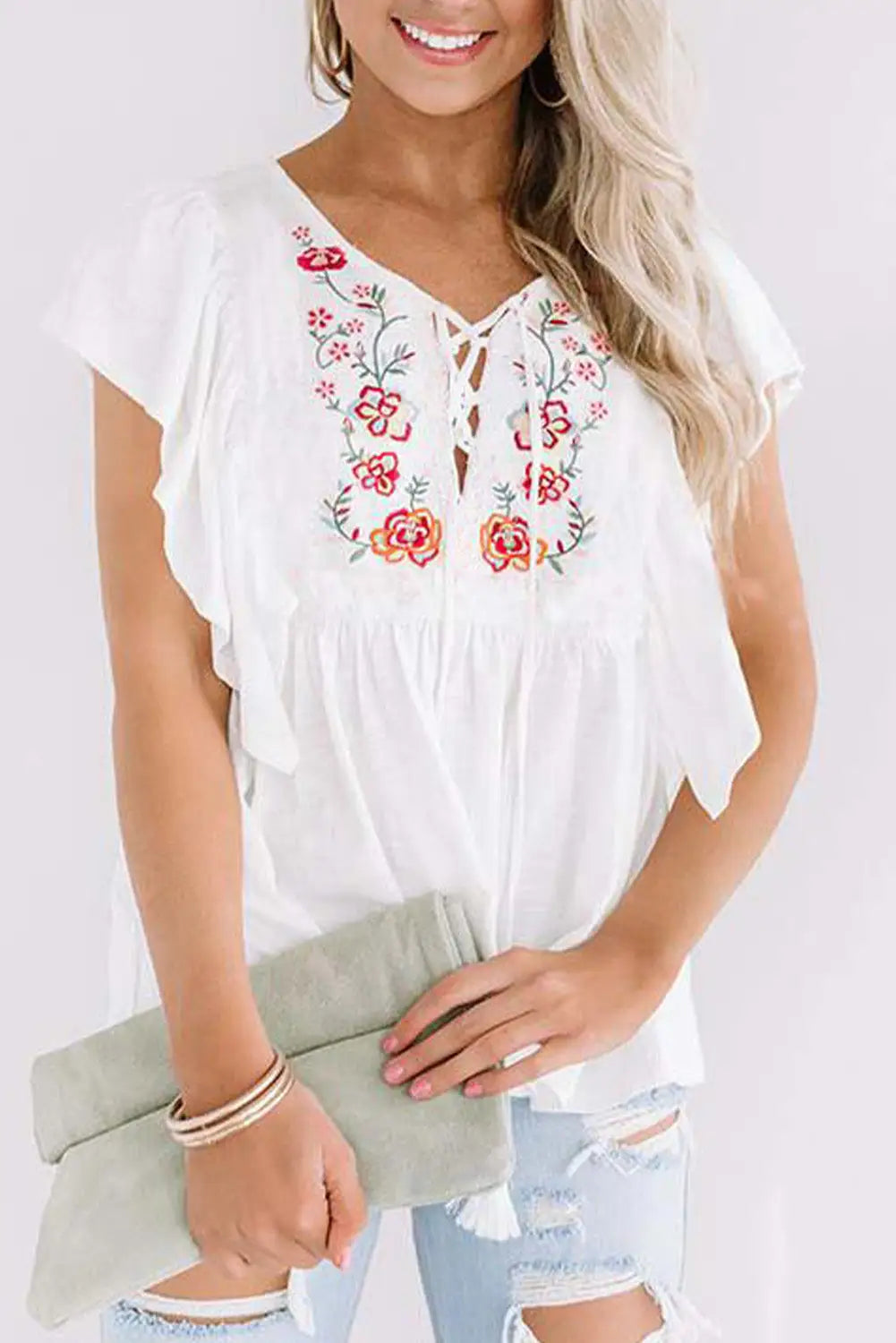 White floral embroidered ruffled lace-up v neck top - s / 100% viscose - t-shirts