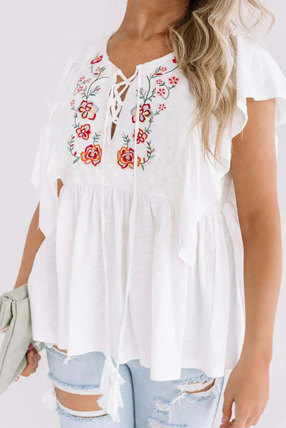 White floral embroidered ruffled lace-up v neck top - t-shirts